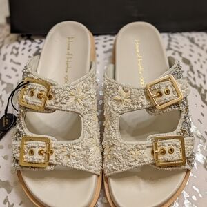 House of Harlow 1960 Cream and Gold Sandals with Elegant Lace Straps